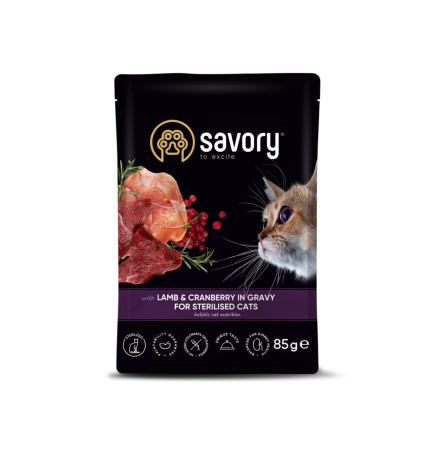 Savory Sterilised Cat Pouch with Lamb & Cranberry in Gravy 85 г